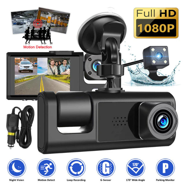 Dashcam Triple 1080P 3 Cámaras Simultáneas Delantera, Interior y Trasera Visión Nocturna, Sensor