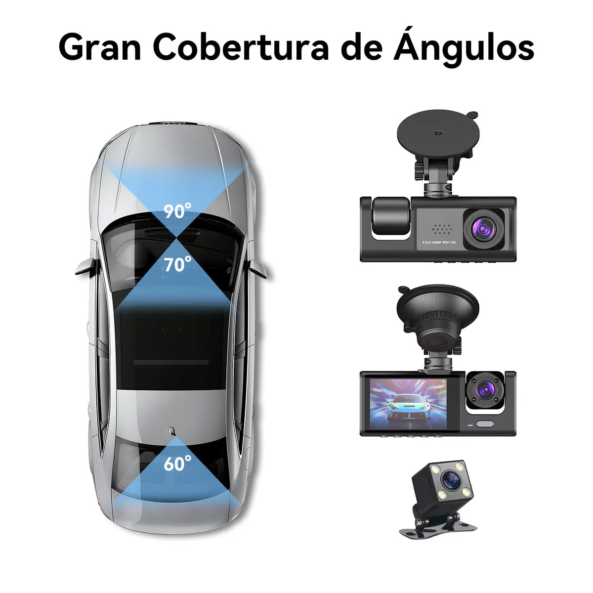 Dashcam Triple 1080P 3 Cámaras Simultáneas Delantera, Interior y Trasera Visión Nocturna, Sensor